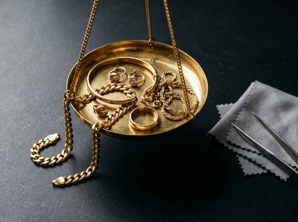 Old and broken gold jewellery on a jeweller's balance scale
